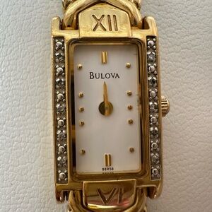 1990s Bulova Gold Women's Watch with Rhinestone Accents
